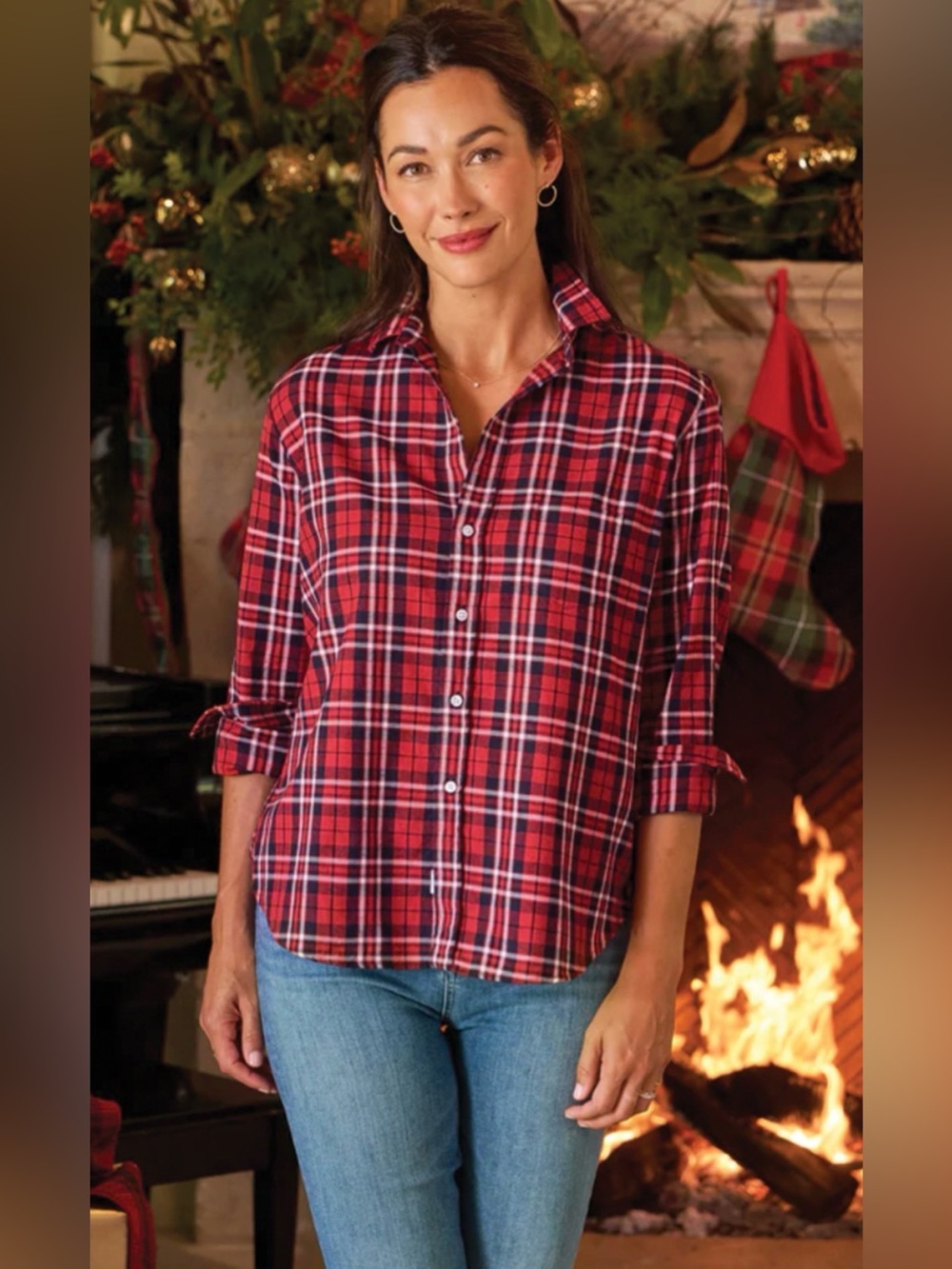FRANK & EILEEN Barry Fitted Button-Up Shirt L-Sleeve Red/Blue/White Plaid XS